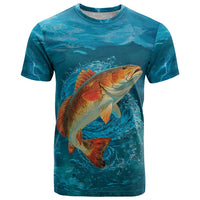 Personalized Redfish Puppy Drum Leaping in Ocean Splash T Shirt Blue Lightning Water Background Design - Wonder Print Shop
