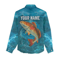 Personalized Redfish Puppy Drum Leaping in Ocean Splash Women Casual Shirt Blue Lightning Water Background Design - Wonder Print Shop