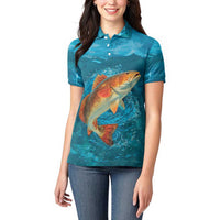 Personalized Redfish Puppy Drum Leaping in Ocean Splash Women Polo Shirt Blue Lightning Water Background Design - Wonder Print Shop
