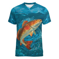 Personalized Redfish Puppy Drum Leaping in Ocean Splash Women V-Neck T-Shirt Blue Lightning Water Background Design - Wonder Print Shop