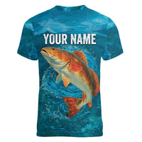 Personalized Redfish Puppy Drum Leaping in Ocean Splash Women V-Neck T-Shirt Blue Lightning Water Background Design - Wonder Print Shop