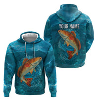 Personalized Redfish Puppy Drum Leaping in Ocean Splash Zip Hoodie Blue Lightning Water Background Design - Wonder Print Shop
