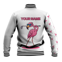 Personalized Pink Flamingo Playing Golf Baseball Jacket Sunglasses and White Pattern Background Design - Wonder Print Shop