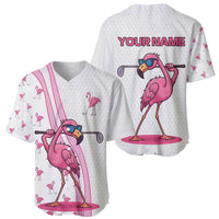 Personalized Pink Flamingo Playing Golf Baseball Jersey Sunglasses and White Pattern Background Design - Wonder Print Shop