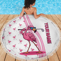 Personalized Pink Flamingo Playing Golf Beach Blanket Sunglasses and White Pattern Background Design - Wonder Print Shop