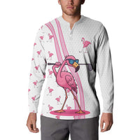 Personalized Pink Flamingo Playing Golf Button Sweatshirt Sunglasses and White Pattern Background Design - Wonder Print Shop