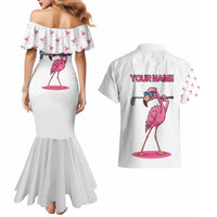 Personalized Pink Flamingo Playing Golf Couples Matching Mermaid Dress and Hawaiian Shirt Sunglasses and White Pattern Background Design - Wonder Print Shop