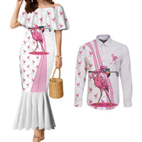 Personalized Pink Flamingo Playing Golf Couples Matching Mermaid Dress and Long Sleeve Button Shirt Sunglasses and White Pattern Background Design - Wonder Print Shop