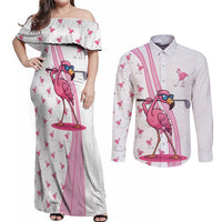 Personalized Pink Flamingo Playing Golf Couples Matching Off Shoulder Maxi Dress and Long Sleeve Button Shirt Sunglasses and White Pattern Background Design - Wonder Print Shop