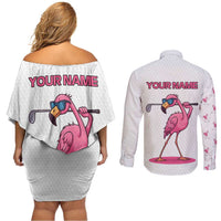 Personalized Pink Flamingo Playing Golf Couples Matching Off Shoulder Short Dress and Long Sleeve Button Shirt Sunglasses and White Pattern Background Design - Wonder Print Shop
