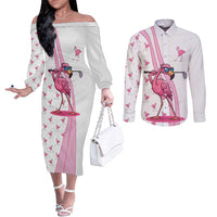 Personalized Pink Flamingo Playing Golf Couples Matching Off The Shoulder Long Sleeve Dress and Long Sleeve Button Shirt Sunglasses and White Pattern Background Design - Wonder Print Shop