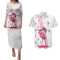 Personalized Pink Flamingo Playing Golf Couples Matching Puletasi and Hawaiian Shirt Sunglasses and White Pattern Background Design - Wonder Print Shop