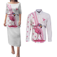 Personalized Pink Flamingo Playing Golf Couples Matching Puletasi and Long Sleeve Button Shirt Sunglasses and White Pattern Background Design - Wonder Print Shop