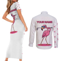 Personalized Pink Flamingo Playing Golf Couples Matching Short Sleeve Bodycon Dress and Long Sleeve Button Shirt Sunglasses and White Pattern Background Design - Wonder Print Shop