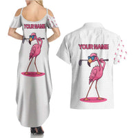 Personalized Pink Flamingo Playing Golf Couples Matching Summer Maxi Dress and Hawaiian Shirt Sunglasses and White Pattern Background Design - Wonder Print Shop