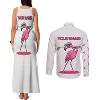 Personalized Pink Flamingo Playing Golf Couples Matching Tank Maxi Dress and Long Sleeve Button Shirt Sunglasses and White Pattern Background Design - Wonder Print Shop