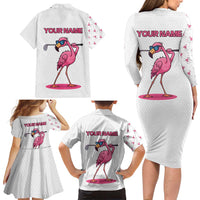 Personalized Pink Flamingo Playing Golf Family Matching Long Sleeve Bodycon Dress and Hawaiian Shirt Sunglasses and White Pattern Background Design - Wonder Print Shop