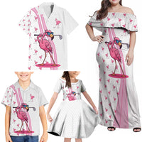 Personalized Pink Flamingo Playing Golf Family Matching Off Shoulder Maxi Dress and Hawaiian Shirt Sunglasses and White Pattern Background Design - Wonder Print Shop