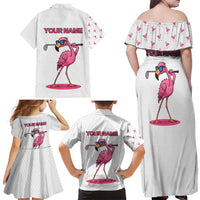 Personalized Pink Flamingo Playing Golf Family Matching Off Shoulder Maxi Dress and Hawaiian Shirt Sunglasses and White Pattern Background Design - Wonder Print Shop