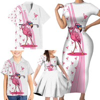 Personalized Pink Flamingo Playing Golf Family Matching Short Sleeve Bodycon Dress and Hawaiian Shirt Sunglasses and White Pattern Background Design - Wonder Print Shop