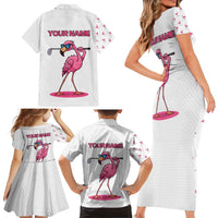 Personalized Pink Flamingo Playing Golf Family Matching Short Sleeve Bodycon Dress and Hawaiian Shirt Sunglasses and White Pattern Background Design - Wonder Print Shop