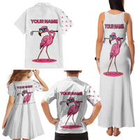 Personalized Pink Flamingo Playing Golf Family Matching Tank Maxi Dress and Hawaiian Shirt Sunglasses and White Pattern Background Design - Wonder Print Shop