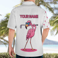 Personalized Pink Flamingo Playing Golf Hawaiian Shirt Sunglasses and White Pattern Background Design - Wonder Print Shop