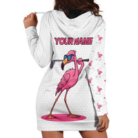 Personalized Pink Flamingo Playing Golf Hoodie Dress Sunglasses and White Pattern Background Design - Wonder Print Shop