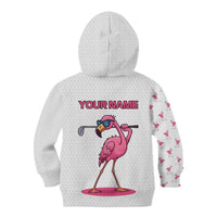 Personalized Pink Flamingo Playing Golf Kid Hoodie Sunglasses and White Pattern Background Design - Wonder Print Shop