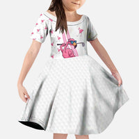 Personalized Pink Flamingo Playing Golf Kid Short Sleeve Dress Sunglasses and White Pattern Background Design - Wonder Print Shop