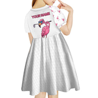 Personalized Pink Flamingo Playing Golf Kid Short Sleeve Dress Sunglasses and White Pattern Background Design - Wonder Print Shop