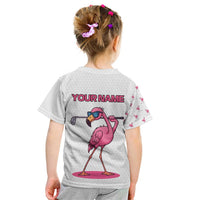 Personalized Pink Flamingo Playing Golf Kid T Shirt Sunglasses and White Pattern Background Design - Wonder Print Shop