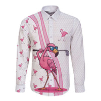 Personalized Pink Flamingo Playing Golf Long Sleeve Button Shirt Sunglasses and White Pattern Background Design - Wonder Print Shop