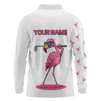 Personalized Pink Flamingo Playing Golf Long Sleeve Polo Shirt Sunglasses and White Pattern Background Design - Wonder Print Shop
