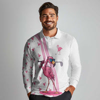 Personalized Pink Flamingo Playing Golf Long Sleeve Polo Shirt Sunglasses and White Pattern Background Design - Wonder Print Shop