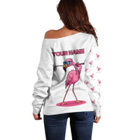 Personalized Pink Flamingo Playing Golf Off Shoulder Sweater Sunglasses and White Pattern Background Design - Wonder Print Shop