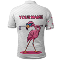 Personalized Pink Flamingo Playing Golf Polo Shirt Sunglasses and White Pattern Background Design - Wonder Print Shop