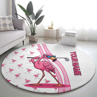 Personalized Pink Flamingo Playing Golf Round Carpet Sunglasses and White Pattern Background Design - Wonder Print Shop