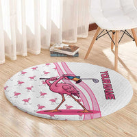Personalized Pink Flamingo Playing Golf Round Carpet Sunglasses and White Pattern Background Design - Wonder Print Shop