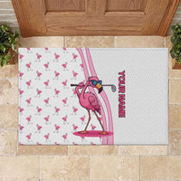 Personalized Pink Flamingo Playing Golf Rubber Doormat Sunglasses and White Pattern Background Design - Wonder Print Shop