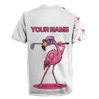 Personalized Pink Flamingo Playing Golf Rugby Jersey Sunglasses and White Pattern Background Design - Wonder Print Shop