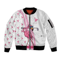 Personalized Pink Flamingo Playing Golf Sleeve Zip Bomber Jacket Sunglasses and White Pattern Background Design - Wonder Print Shop