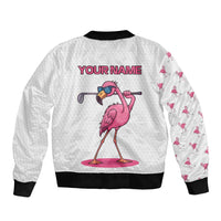Personalized Pink Flamingo Playing Golf Sleeve Zip Bomber Jacket Sunglasses and White Pattern Background Design - Wonder Print Shop