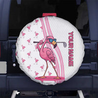 Personalized Pink Flamingo Playing Golf Spare Tire Cover Sunglasses and White Pattern Background Design - Wonder Print Shop