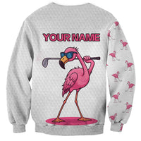 Personalized Pink Flamingo Playing Golf Sweatshirt Sunglasses and White Pattern Background Design - Wonder Print Shop