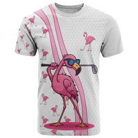 Personalized Pink Flamingo Playing Golf T Shirt Sunglasses and White Pattern Background Design - Wonder Print Shop