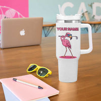 Personalized Pink Flamingo Playing Golf Tumbler With Handle Sunglasses and White Pattern Background Design - Wonder Print Shop