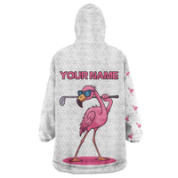 Personalized Pink Flamingo Playing Golf Wearable Blanket Hoodie Sunglasses and White Pattern Background Design - Wonder Print Shop