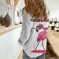 Personalized Pink Flamingo Playing Golf Women Casual Shirt Sunglasses and White Pattern Background Design - Wonder Print Shop