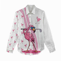 Personalized Pink Flamingo Playing Golf Women Casual Shirt Sunglasses and White Pattern Background Design - Wonder Print Shop
